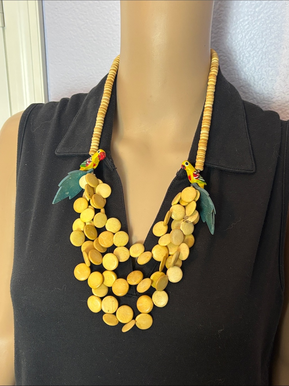 Vintage Wooden Beaded Multi-Strand Statement Necklace with Parrot Palm Accents